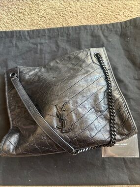 Saint Laurent Black Quilted Leather Tote with Chain Detail